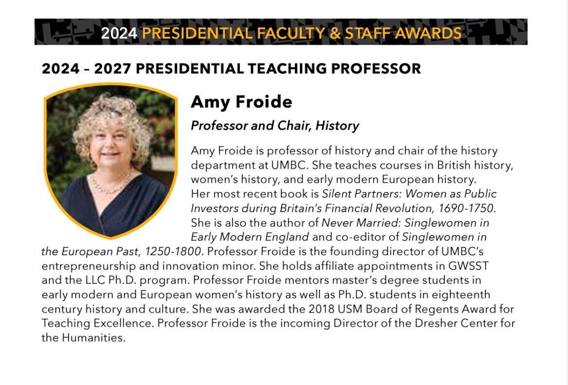 Prof. Froide selected as UMBC Presidential Teaching Professor for 2024-27